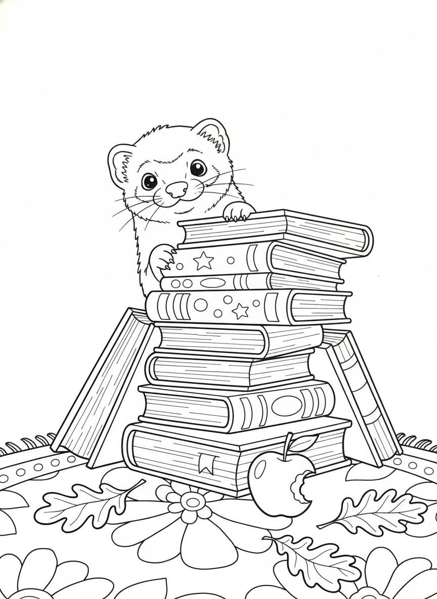 Curious Ferret in a Cozy Library Coloring Page