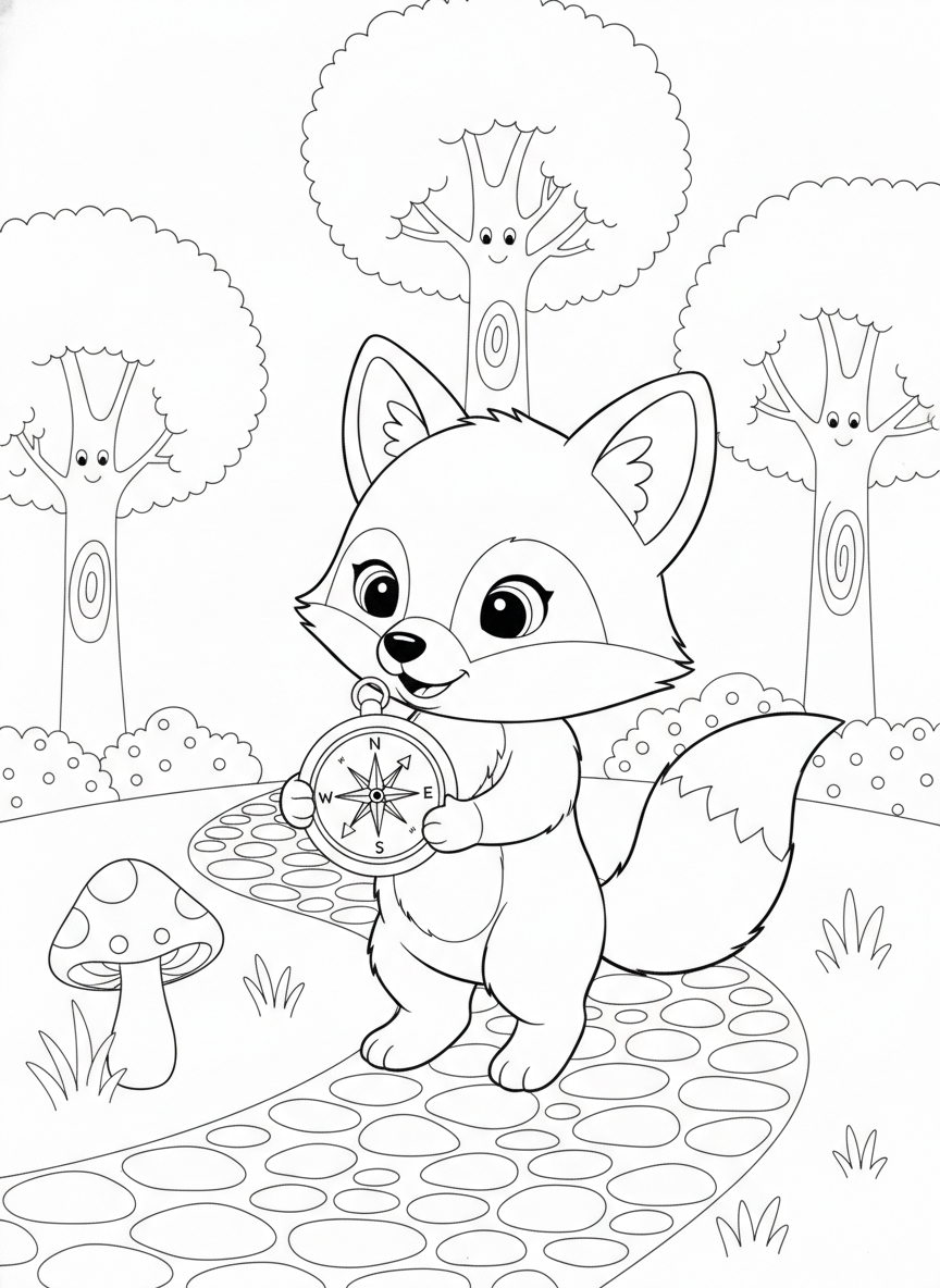 Curious Fox Cub's Forest Adventure Coloring Page