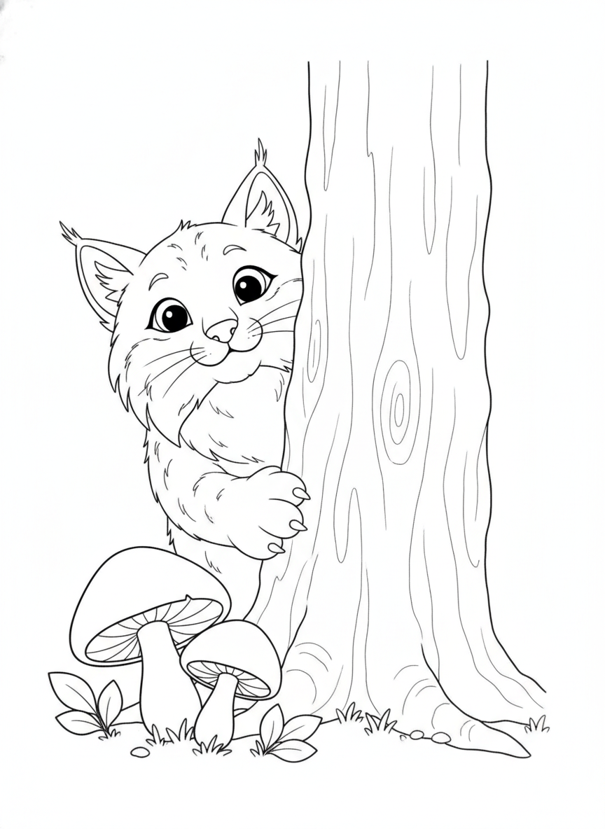 Curious Lynx Peeking Coloring Page for Kids