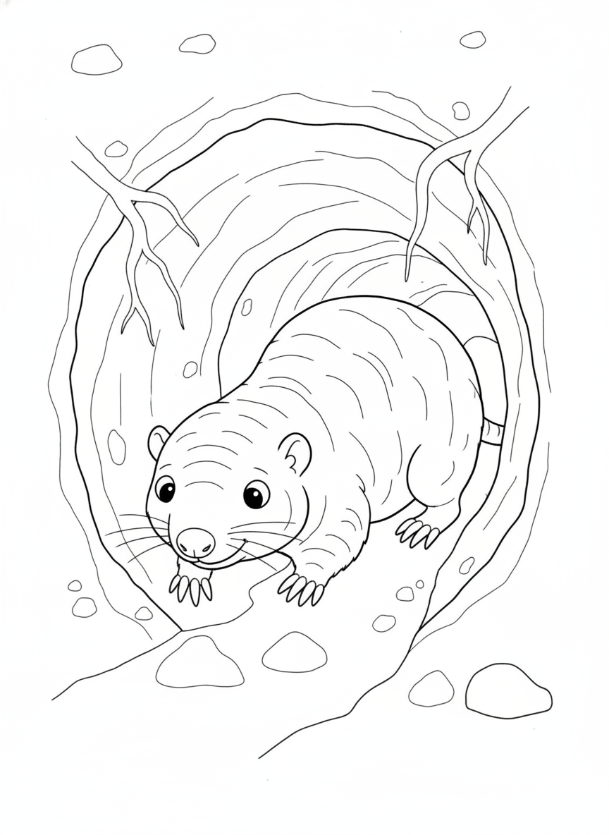Curious Naked Mole-Rat Tunnel Adventure Coloring Page for Kids