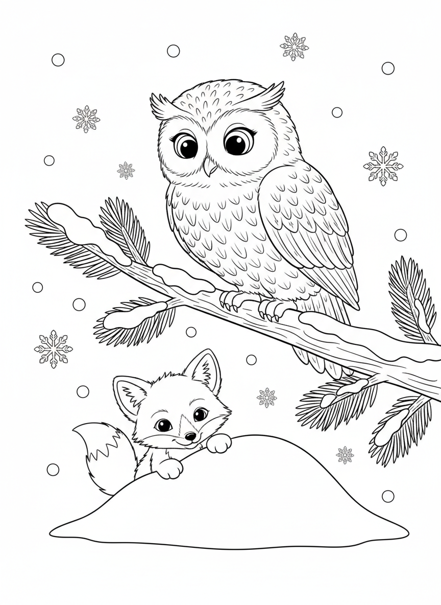 Curious Owl & Arctic Fox Winter Scene