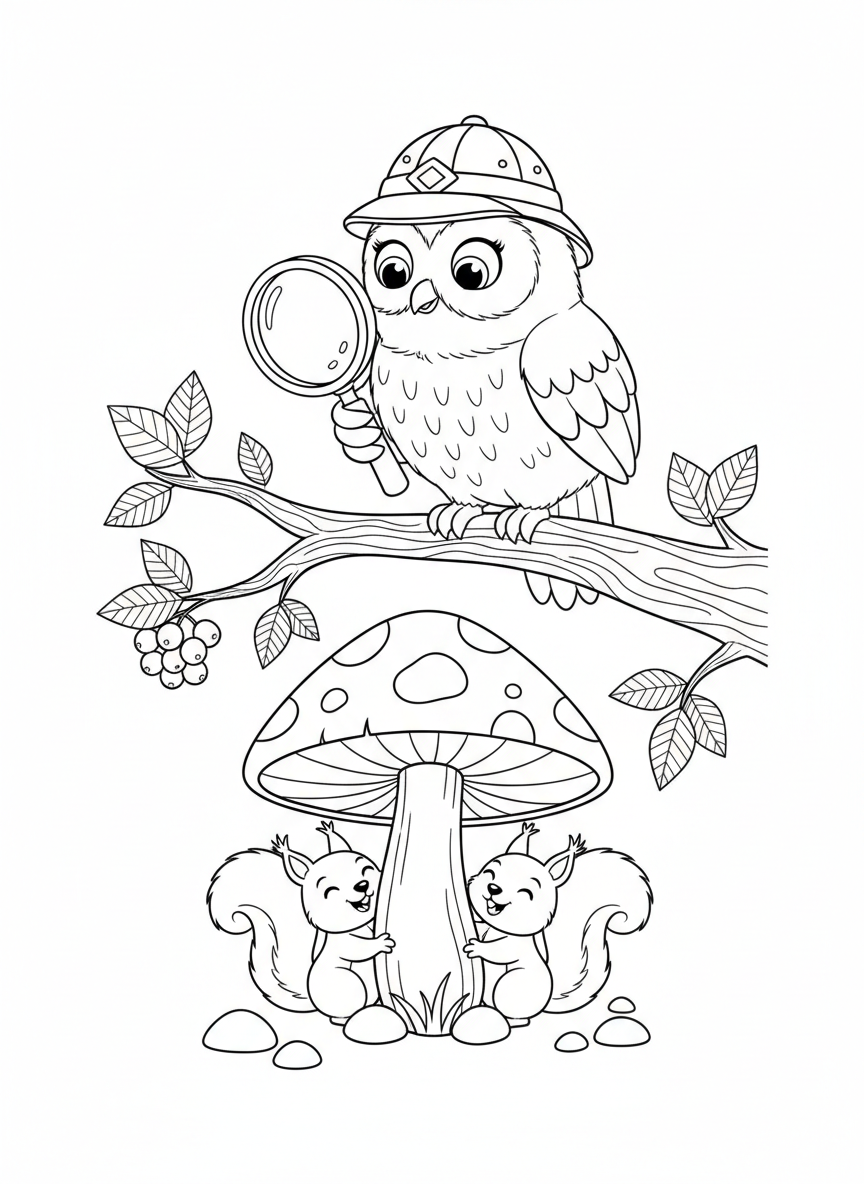 Curious Owl & Squirrels Forest Adventure Coloring Page
