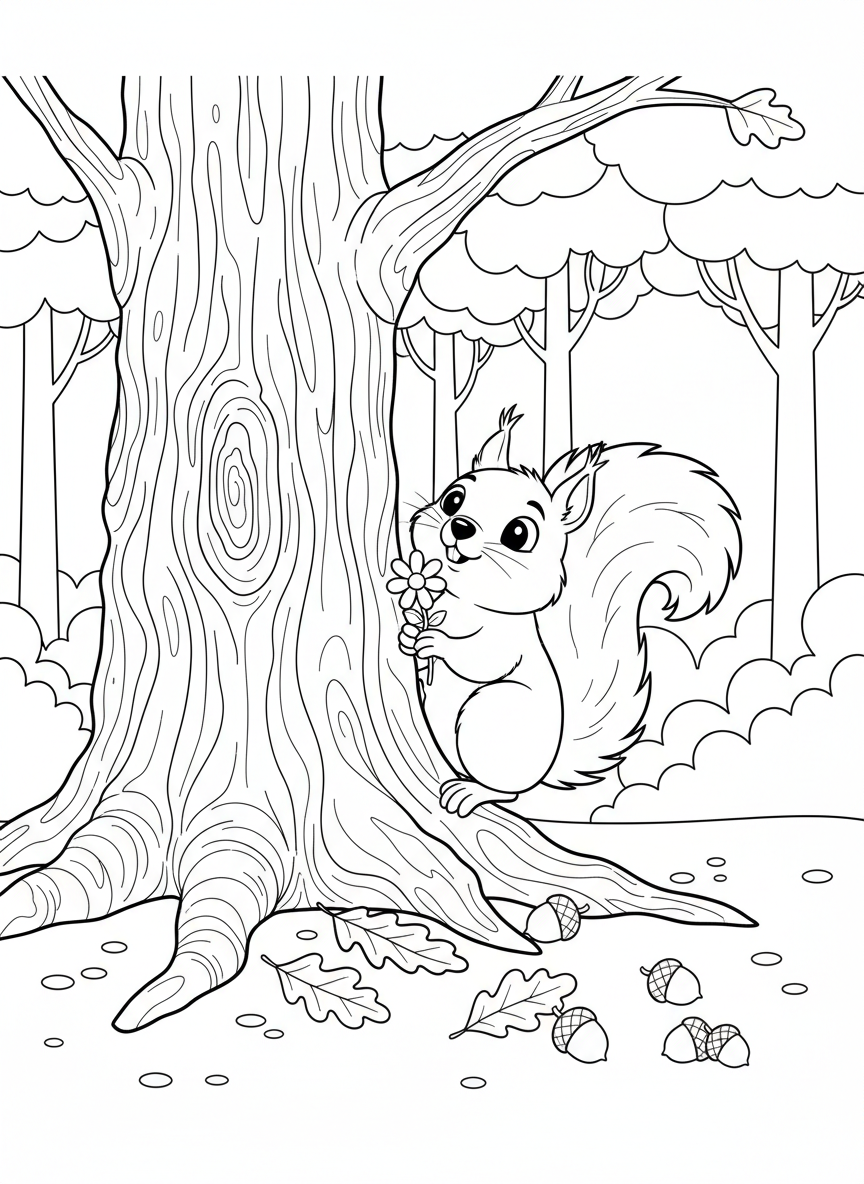 Curious Squirrel with Wildflower Coloring Page