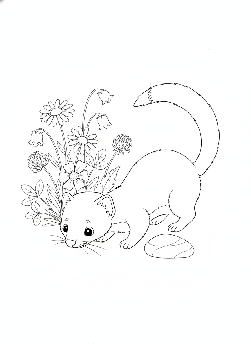 Curious Weasel & Wildflowers: A Detailed Coloring Page for Kids