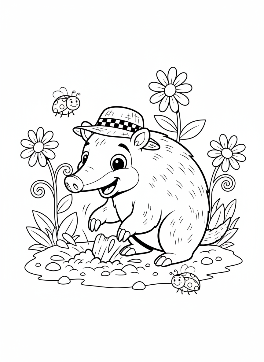 Cute Aardvark Digging in Garden Coloring Page