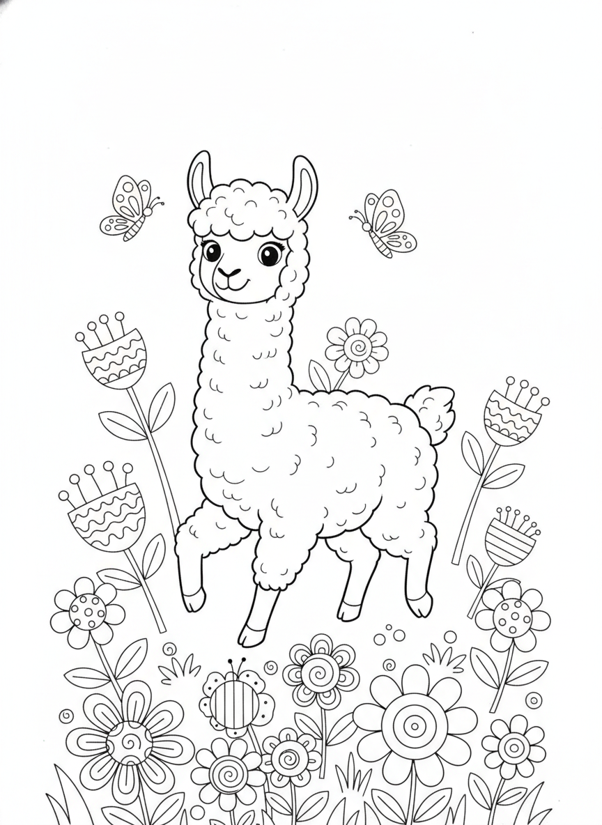 Cute Alpaca in Whimsical Flower Field Coloring Page