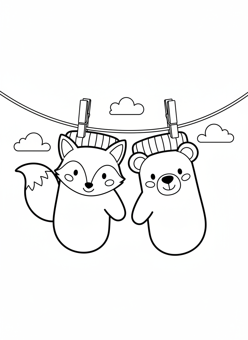 Cute Animal Mittens on a Clothesline Coloring Page