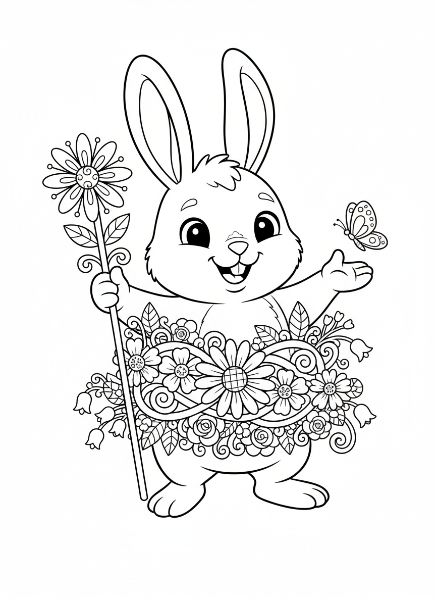 Cute Animal with Floral Wreath Belt Coloring Page