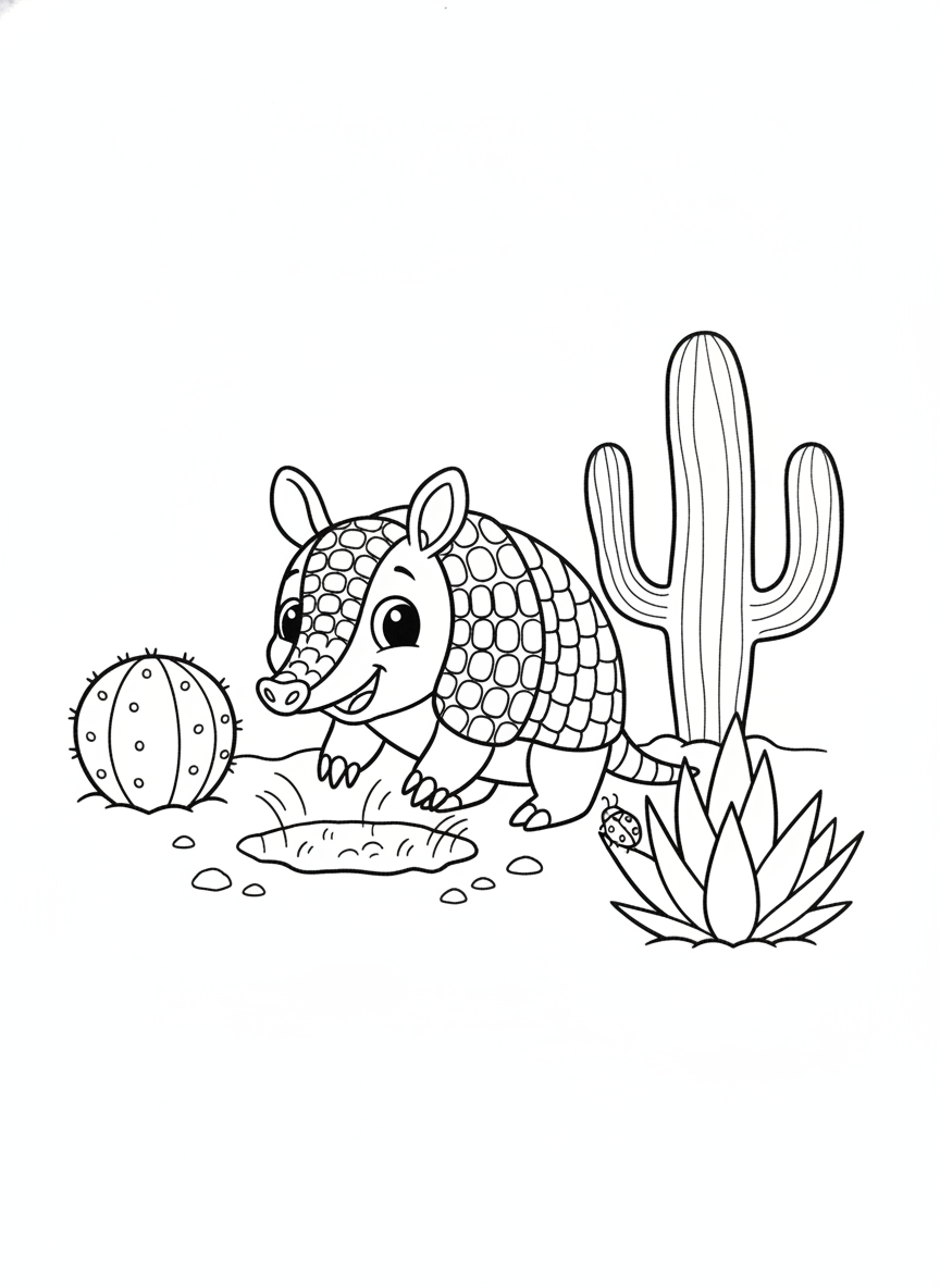 Cute Armadillo Digging Fun Coloring Page for Kids