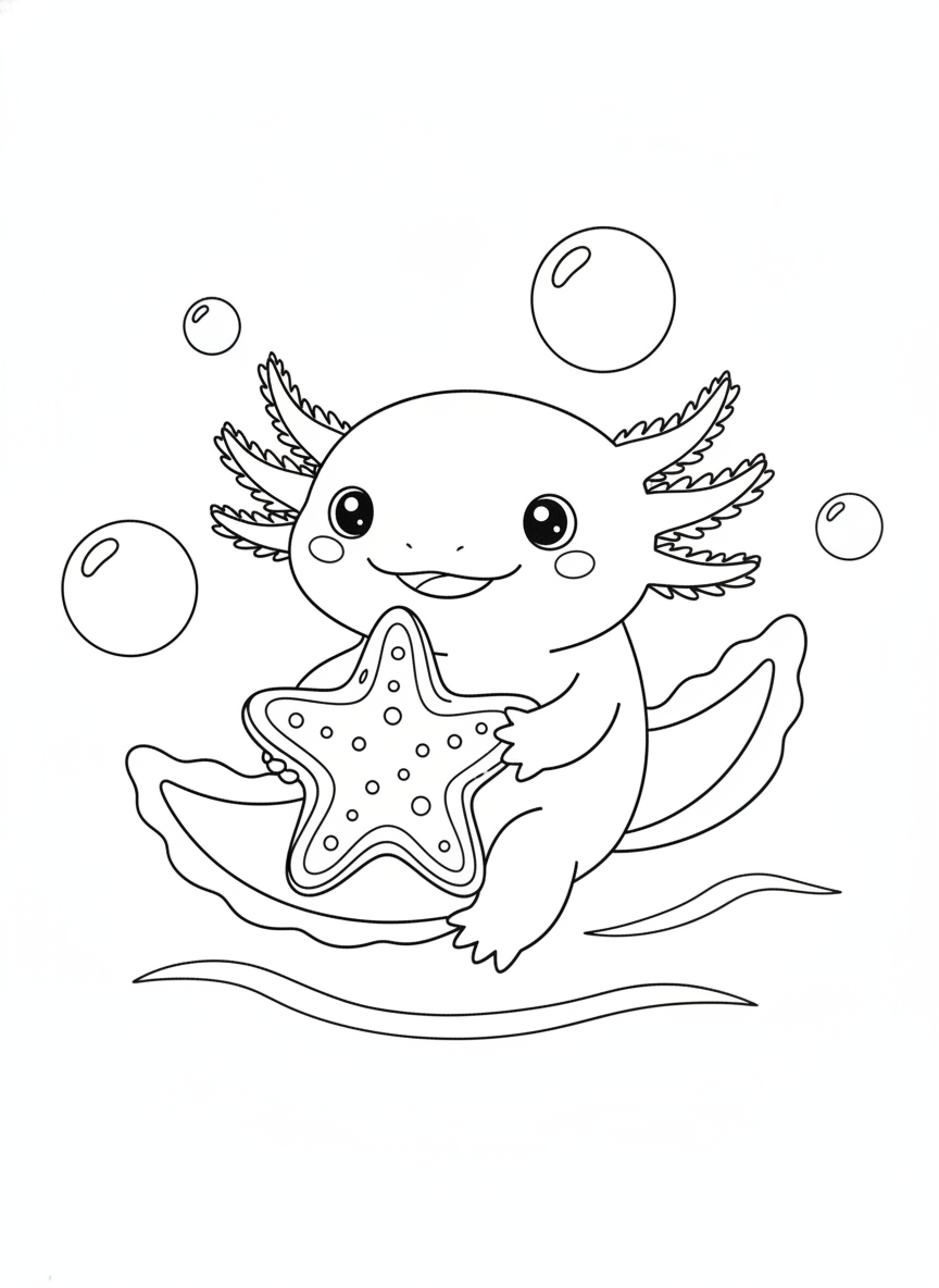 Cute Axolotl with Starfish Cookie Coloring Page for Kids