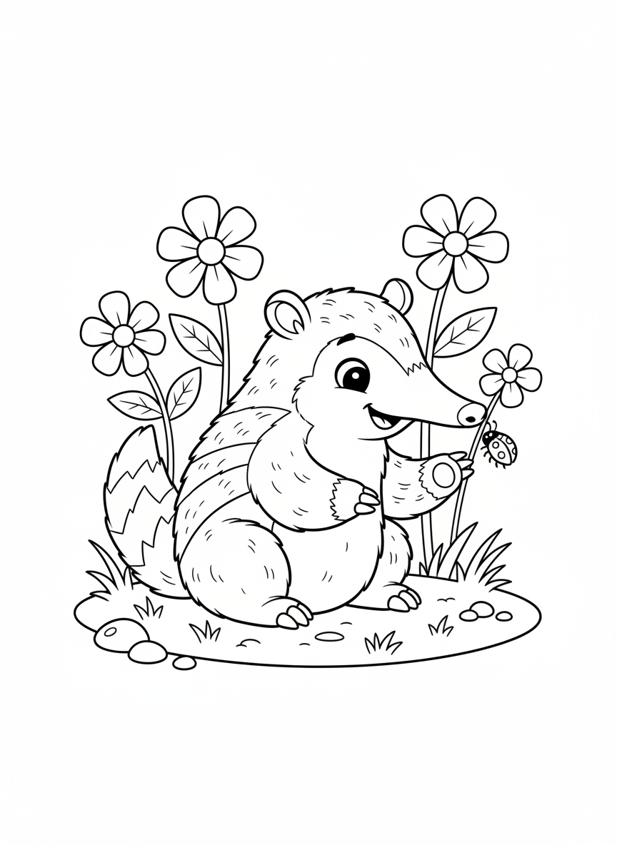 Cute Baby Anteater & Ladybug Coloring Page