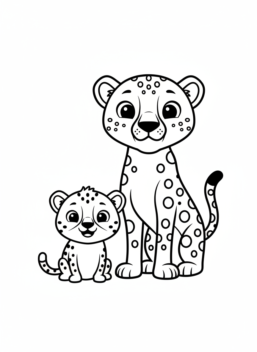 Cute Baby Cheetah with Parent Coloring Page