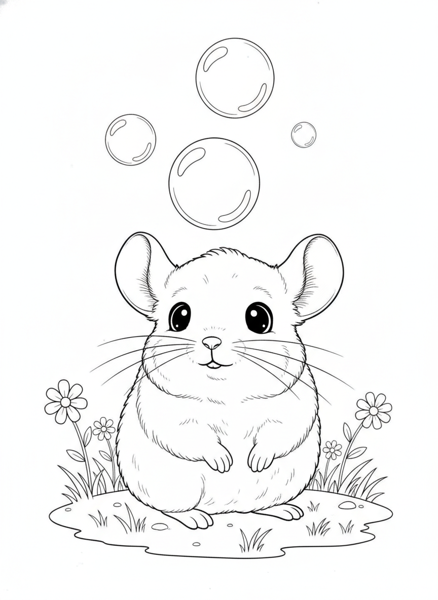 Cute Baby Chinchilla & Bubbles: Playful Coloring Page
