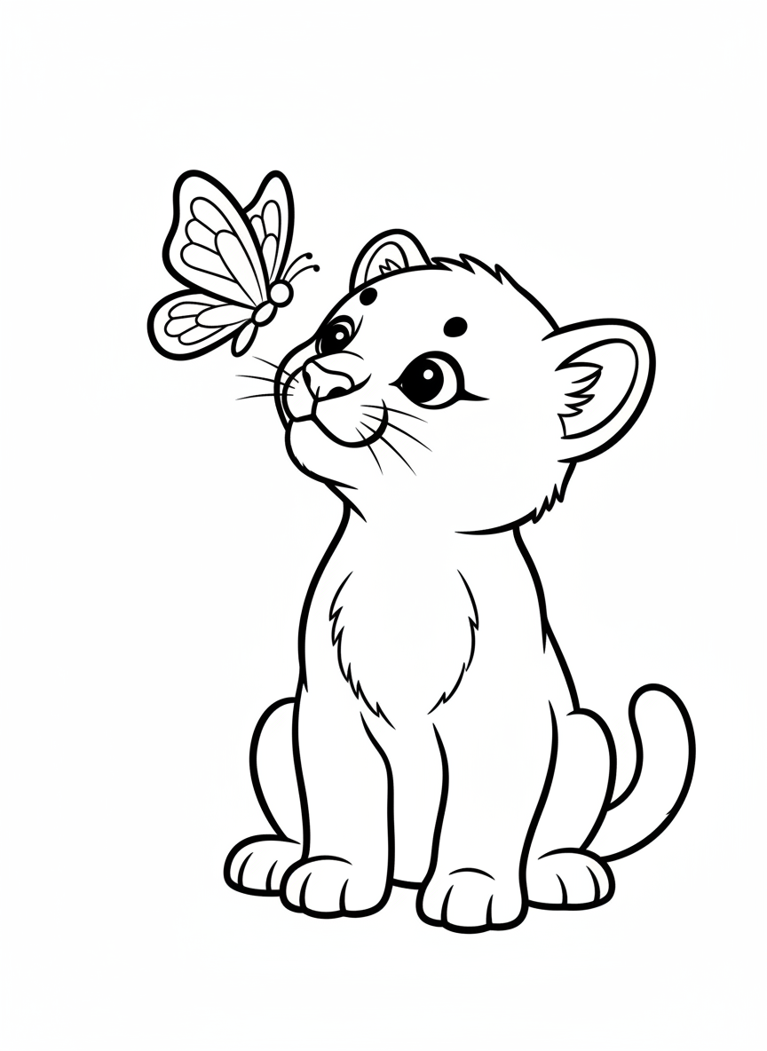 Cute Baby Cougar & Butterfly Coloring Page