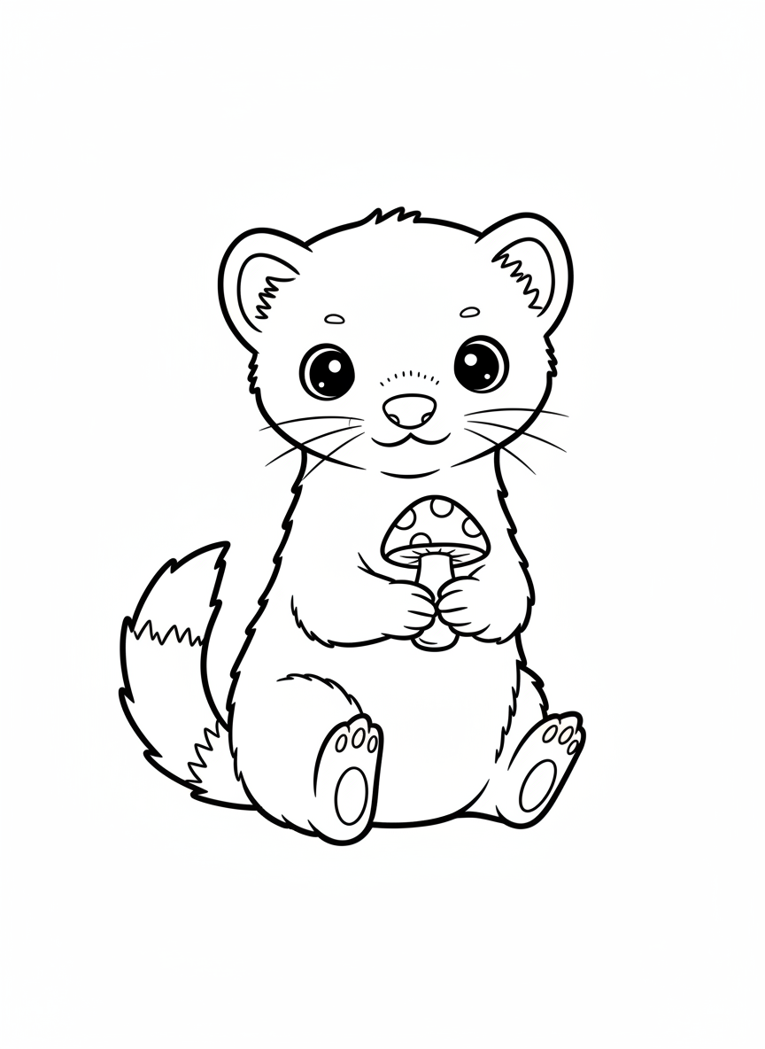 Cute Baby Ferret with Mushroom Coloring Page