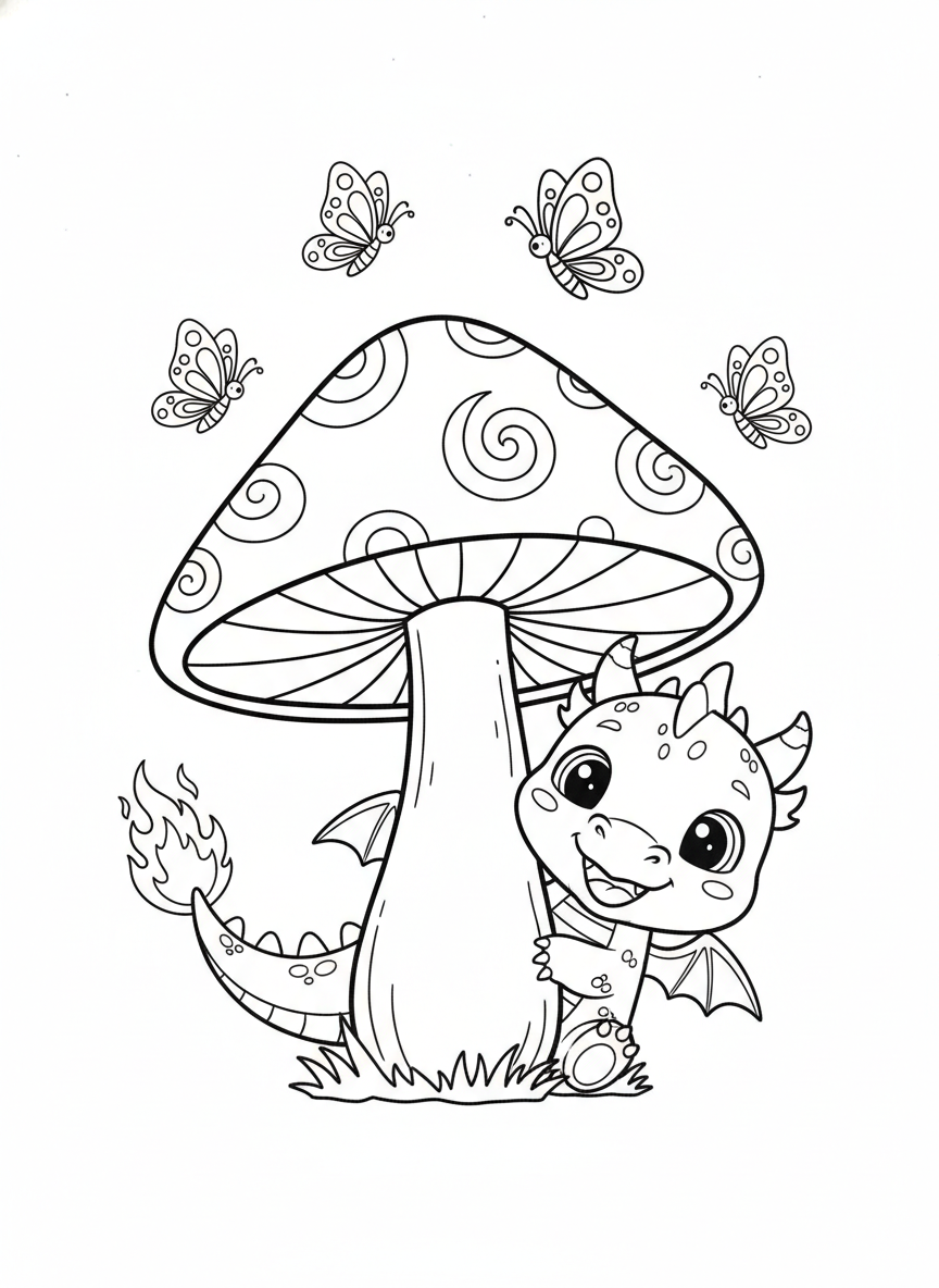 Cute Baby Fire Dragon Hide-and-Seek Coloring Page