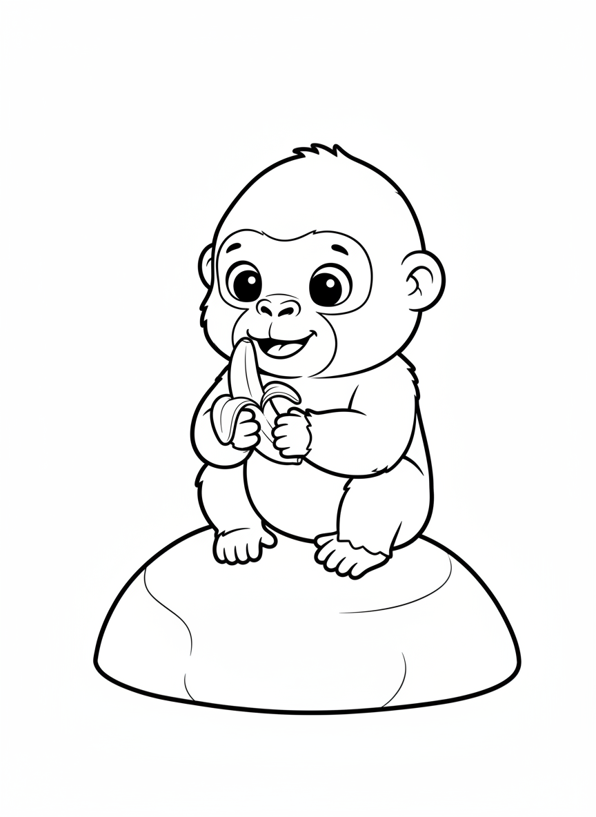 Cute Baby Gorilla with Banana Coloring Page