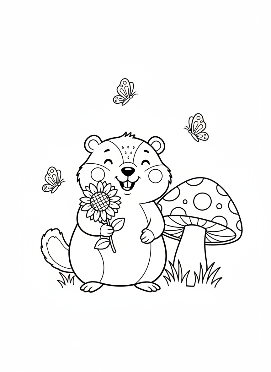 Cute Baby Groundhog with Sunflower Coloring Page
