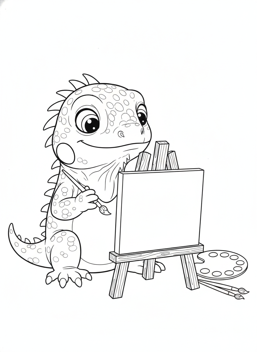 Cute Baby Iguana Artist Coloring Page for Kids