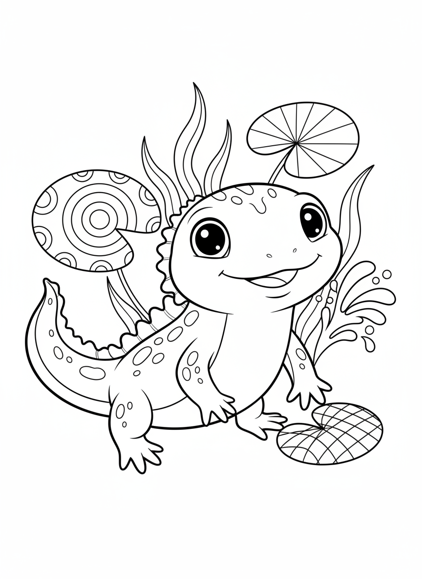Cute Baby Newt in Pond Coloring Page