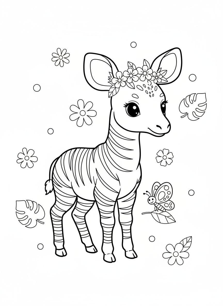 Cute Baby Okapi & Butterfly Coloring Page