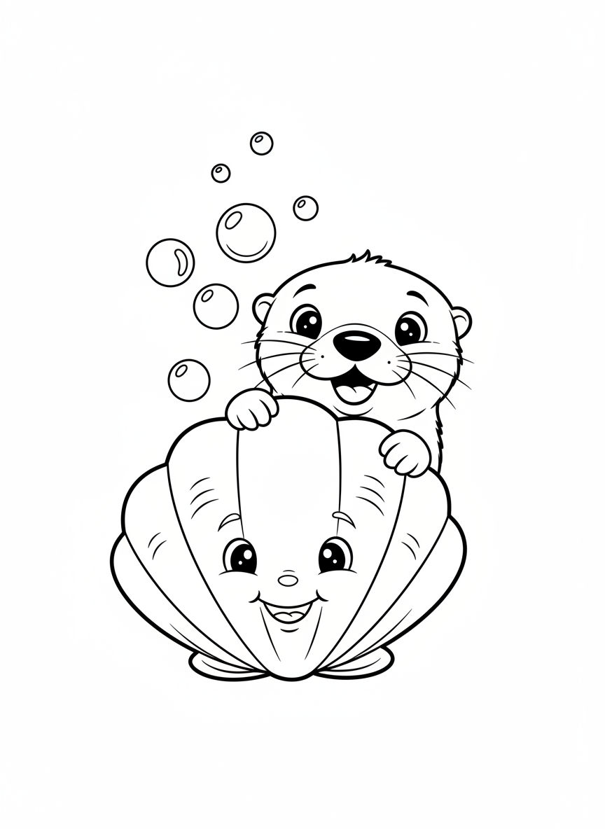 可愛小水獺與貝殼著色頁