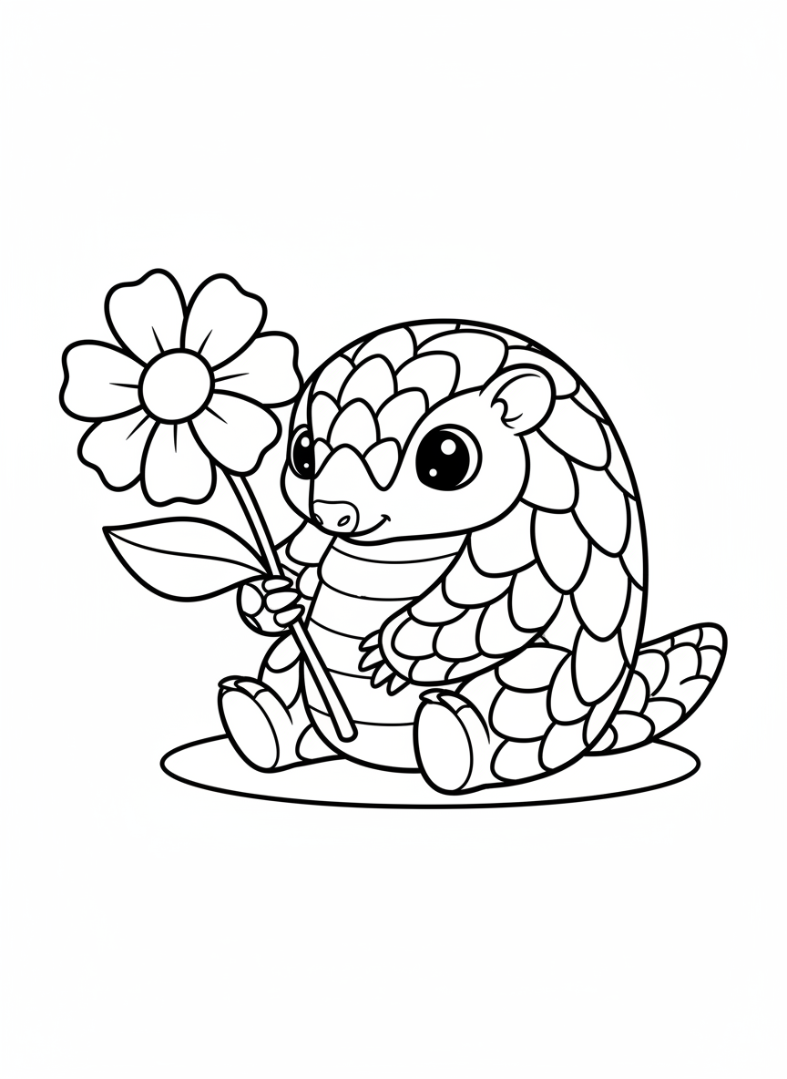 Cute Baby Pangolin with Flower Coloring Page
