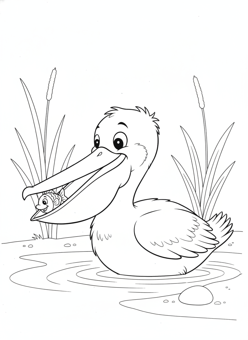 Cute Baby Pelican Fishing Fun Coloring Page for Kids