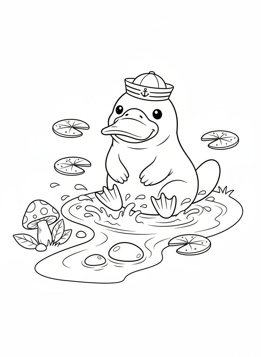 Cute Baby Platypus in Sailor Hat Coloring Page