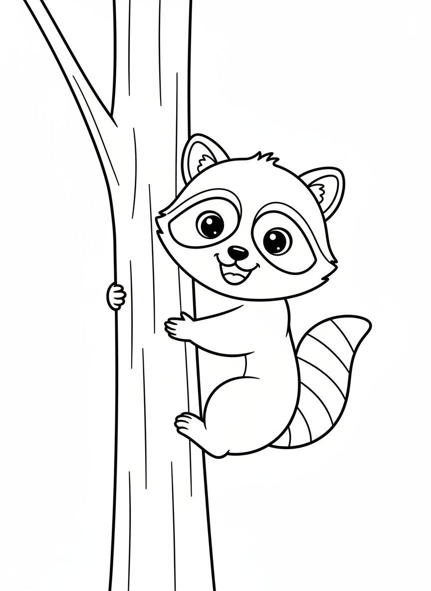 Cute Baby Raccoon Climbing Tree Coloring Page