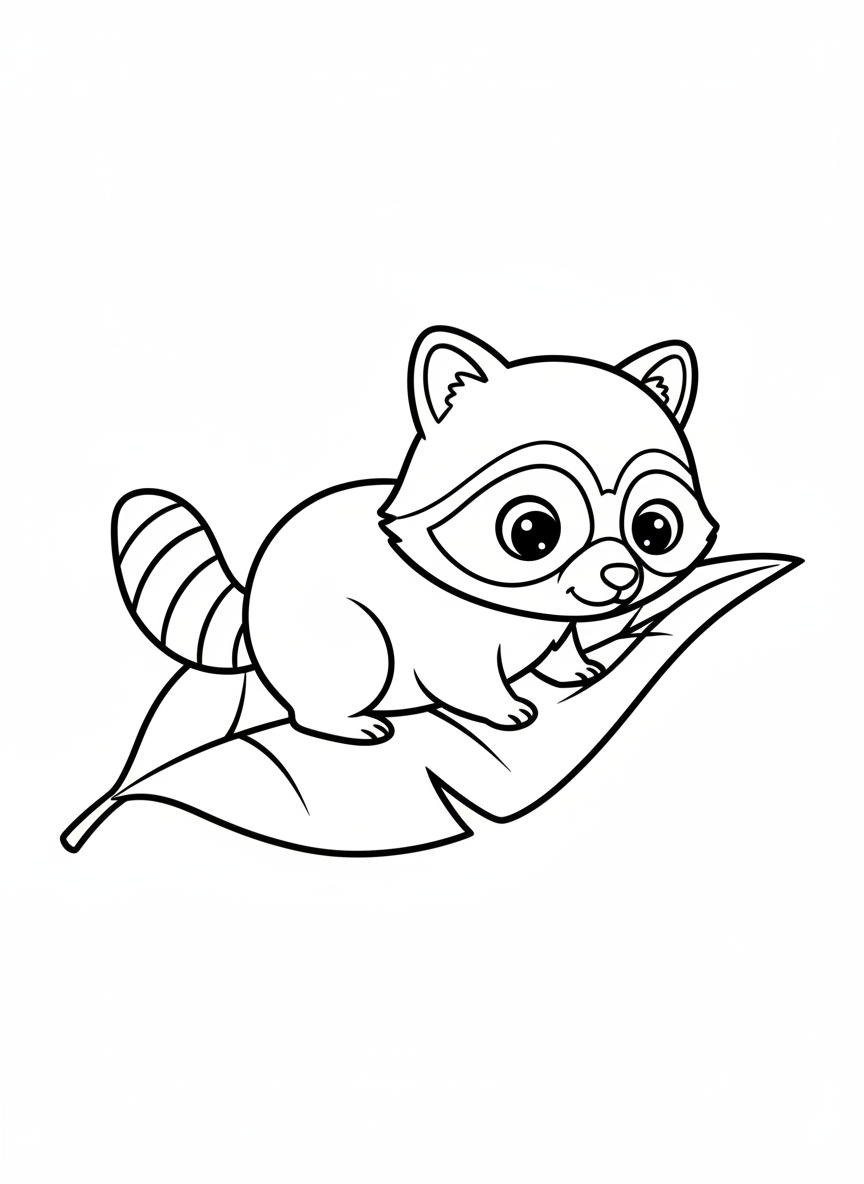 Cute Baby Raccoon on a Big Leaf Coloring Page