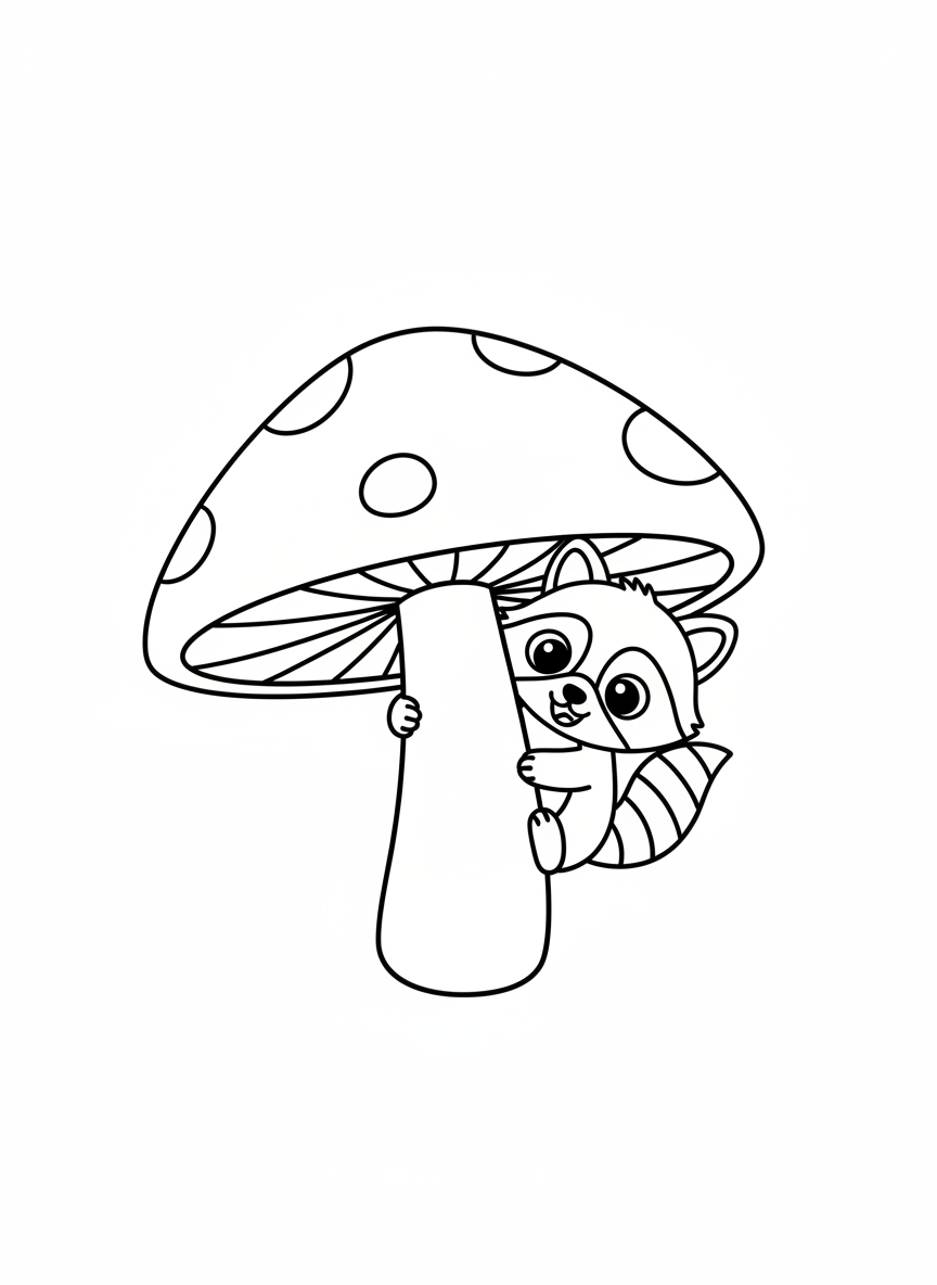 Cute Baby Raccoon Peeking from Mushroom Coloring Page