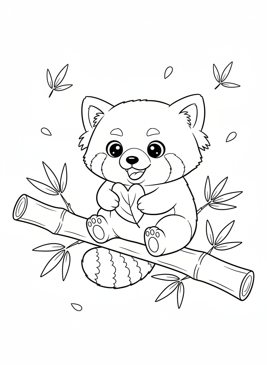 Cute Baby Red Panda on Bamboo Coloring Page for Kids