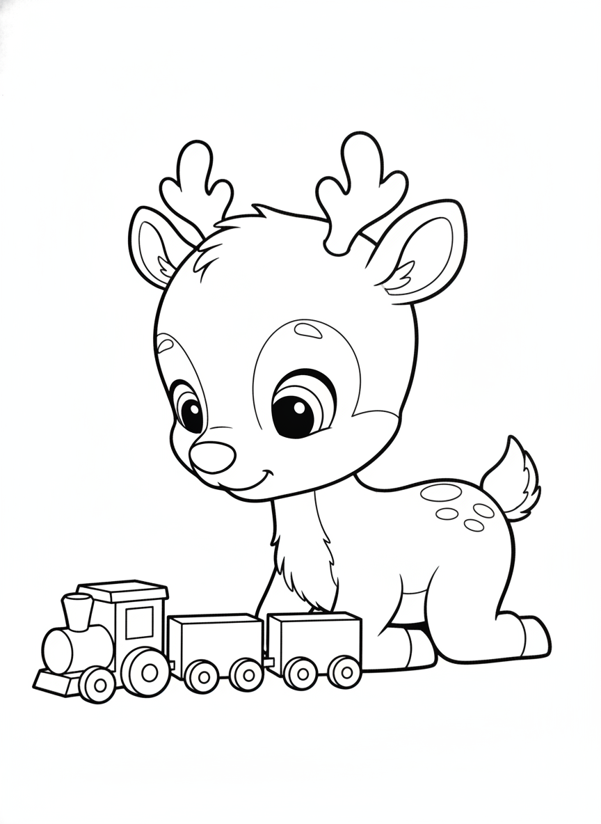 Cute Baby Reindeer and Toy Train Coloring Page for Kids