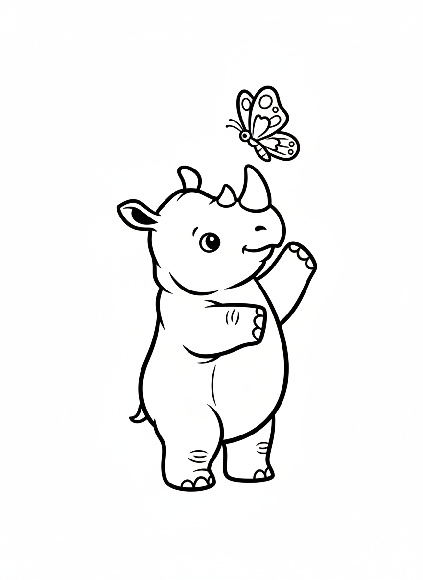 Cute Baby Rhino & Butterfly Coloring Page