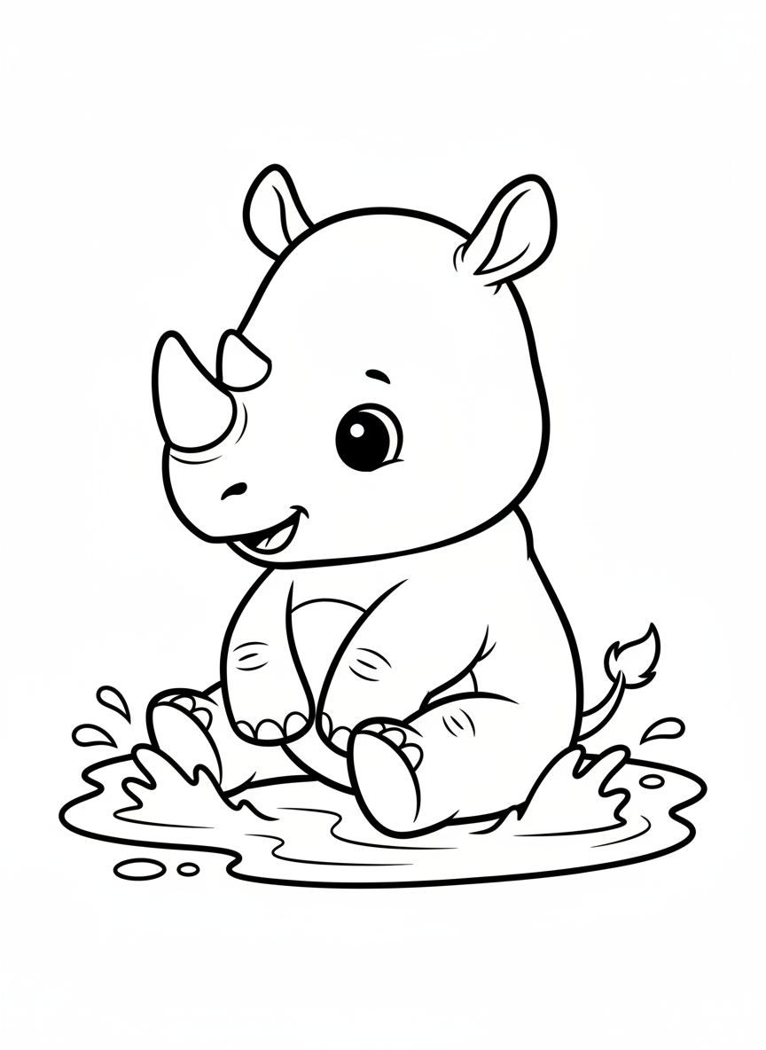 Cute Baby Rhino Mud Splash Coloring Page