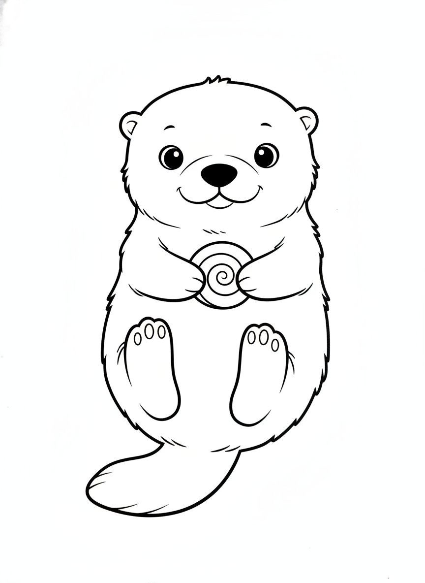 Cute Baby Sea Otter with Seashell Coloring Page