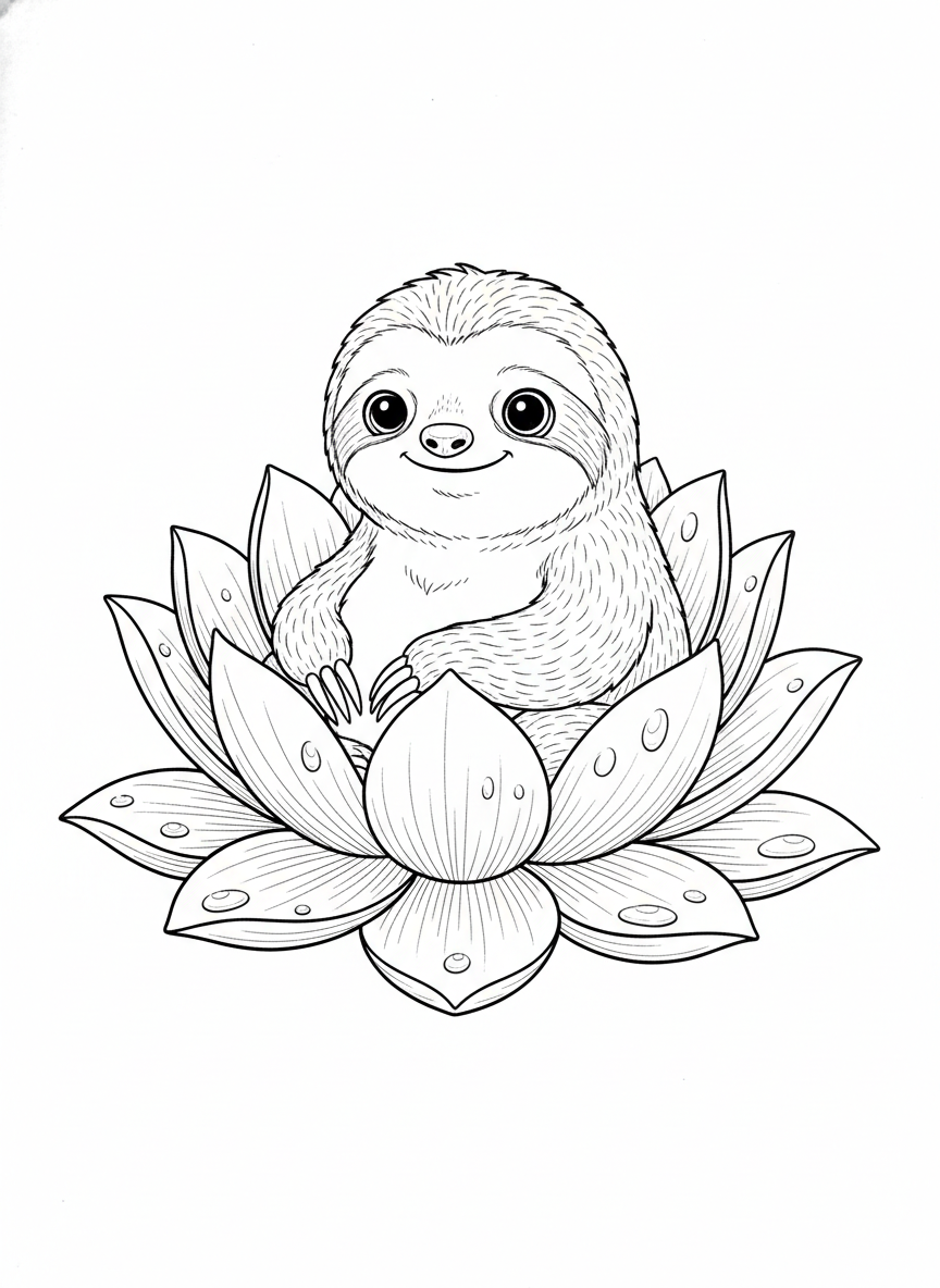 Cute Baby Sloth in Lotus Flower Coloring Page