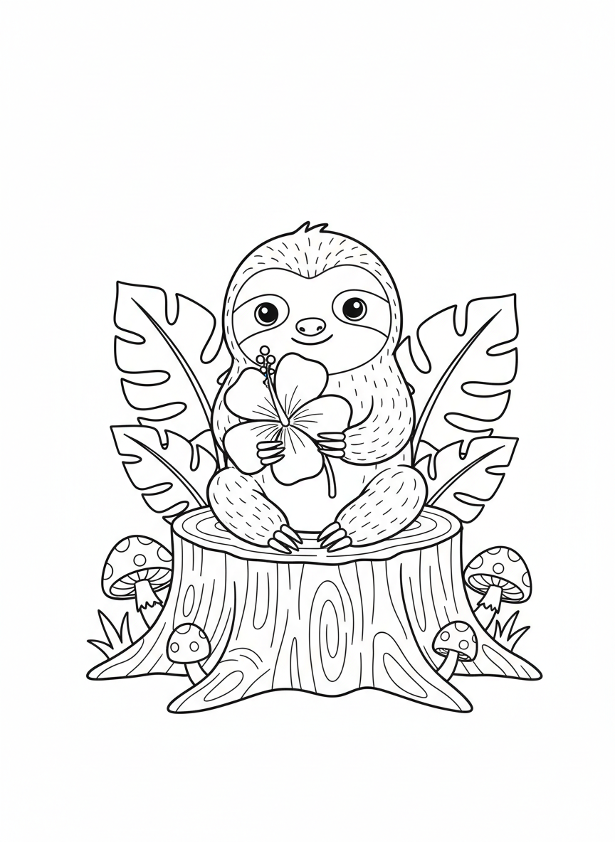 Cute Baby Sloth with Jungle Flower Coloring Page