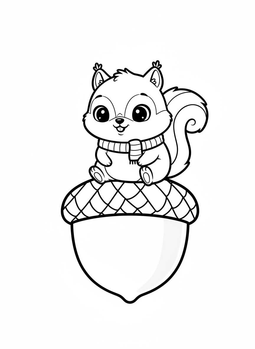 Cute Baby Squirrel on Acorn Coloring Page