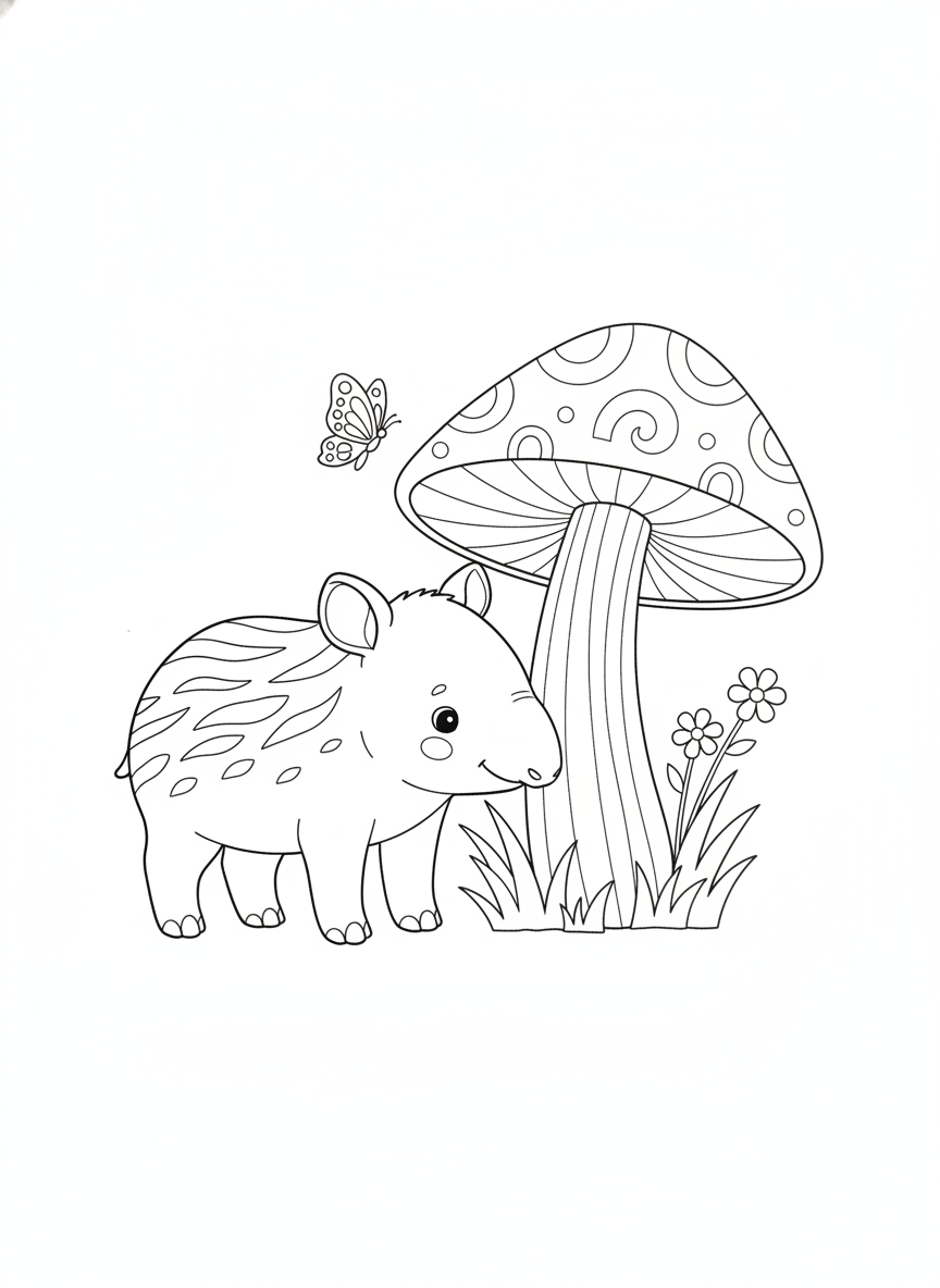 Cute Baby Tapir and Mushroom Coloring Page