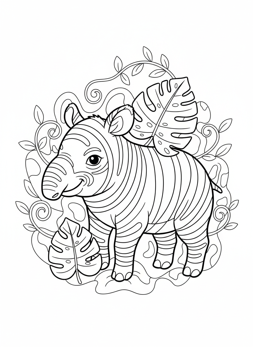 Cute Baby Tapir Hiding in Jungle Coloring Page