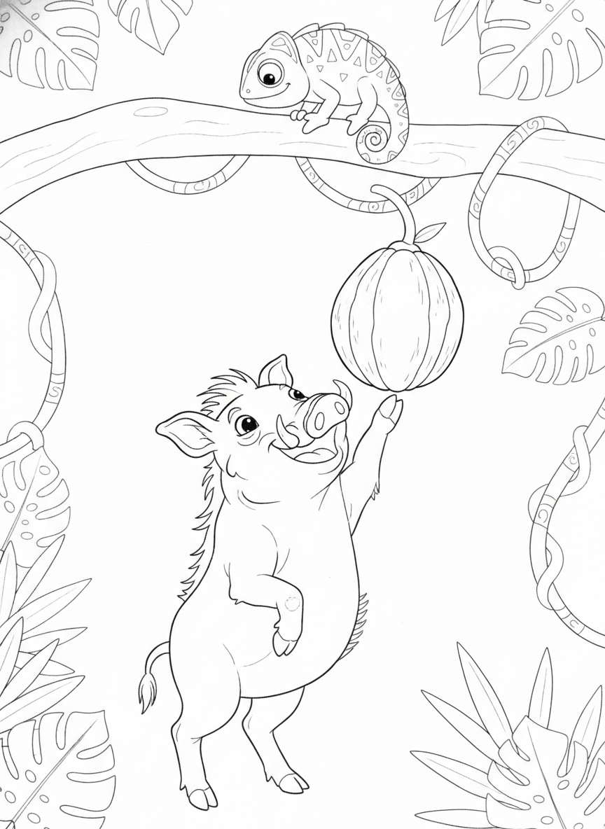 Cute Baby Warthog and Chameleon Jungle Adventure Coloring Page