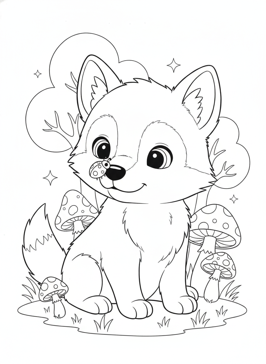 Cute Baby Wolf & Ladybug in Whimsical Forest