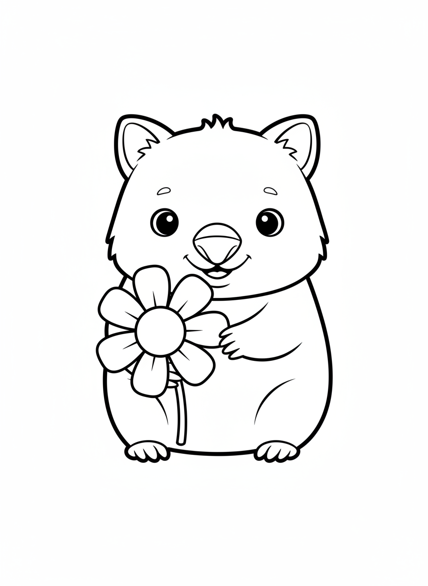 Cute Baby Wombat with Flower Coloring Page