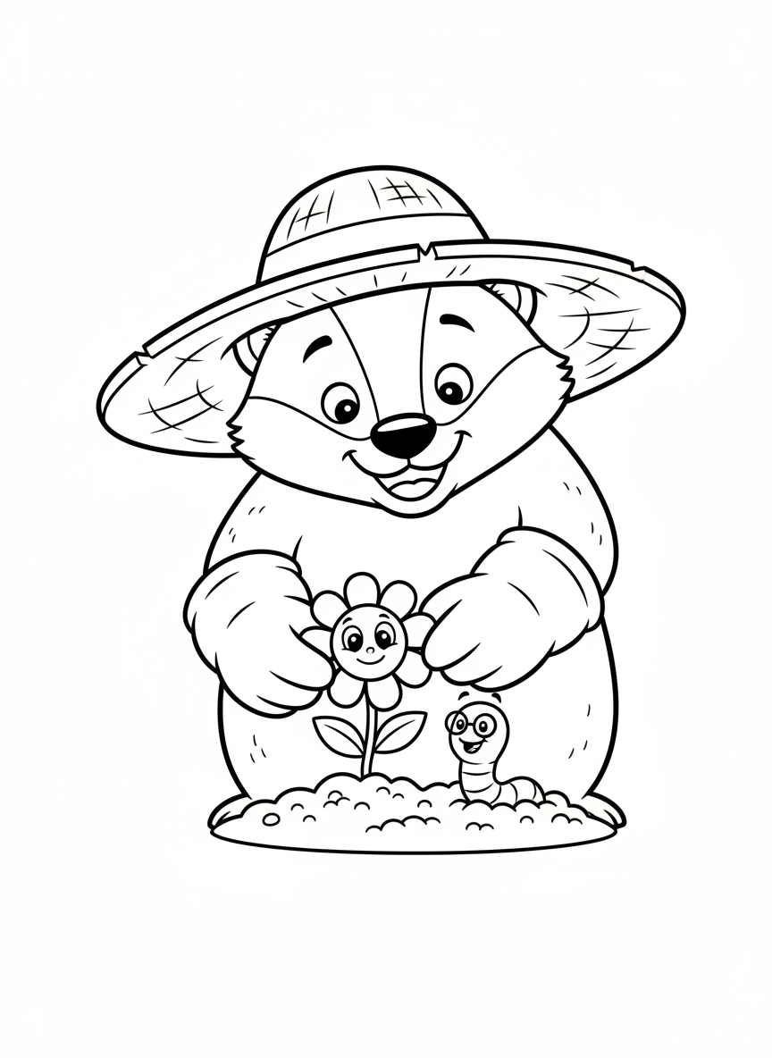Cute Badger Gardener Coloring Page for Kids