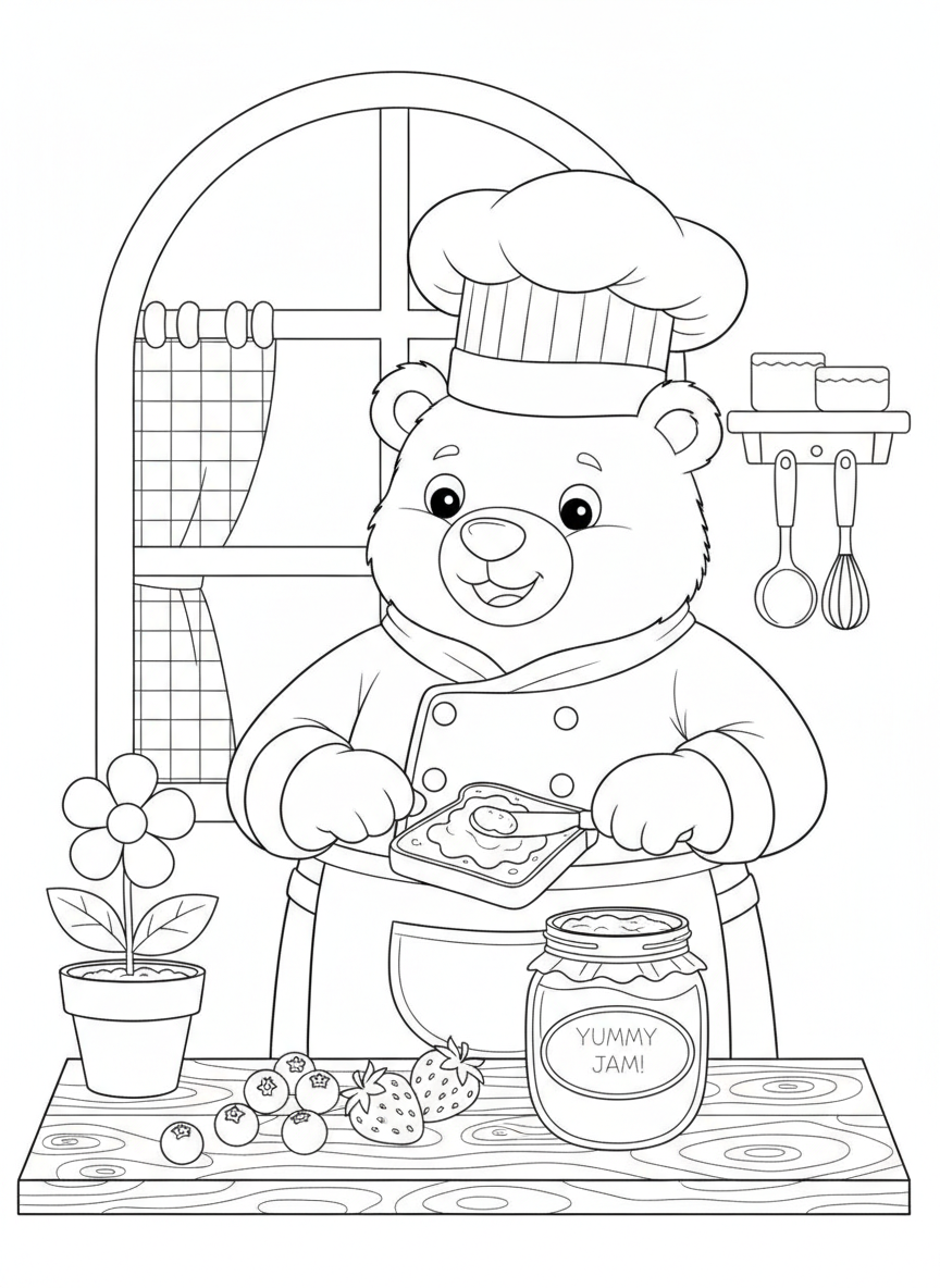 Cute Bear Chef Making Jam Toast Coloring Page for Kids