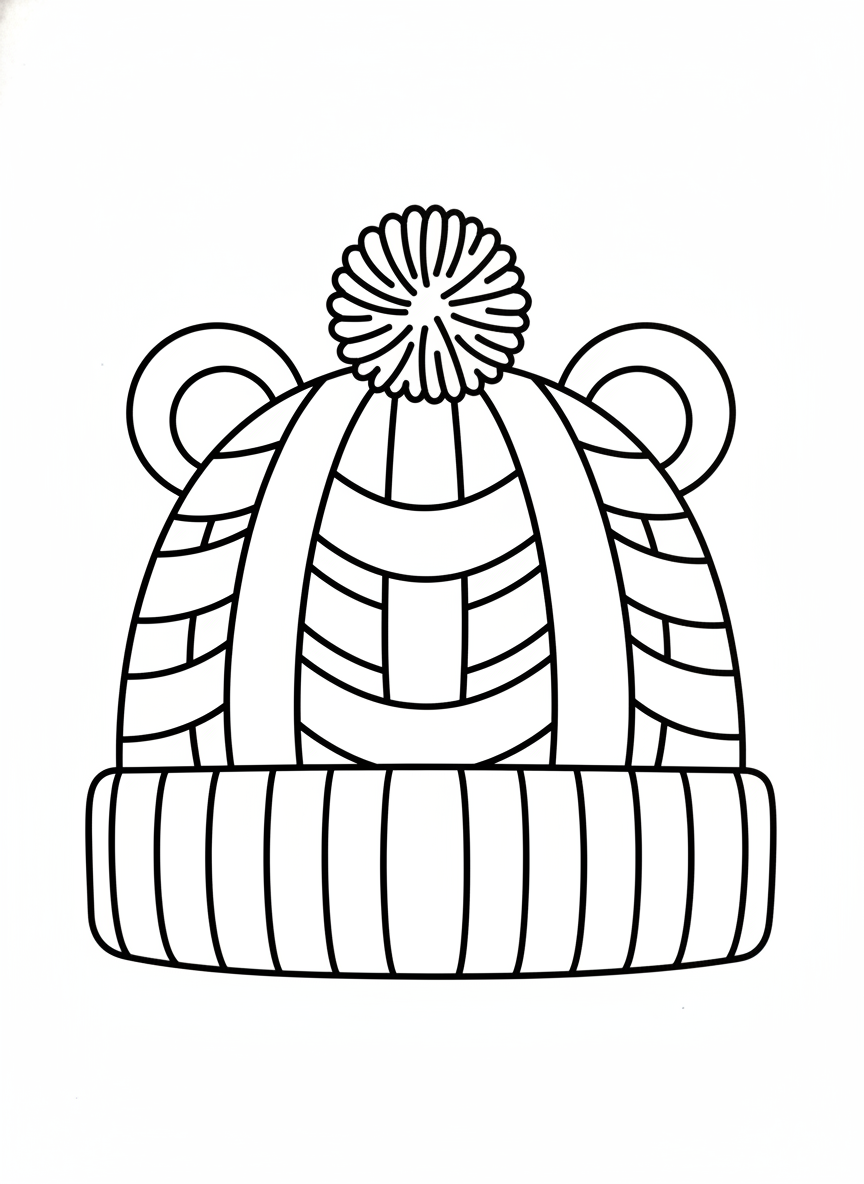 Cute Bear Knitted Hat Coloring Page - Simple Winter Fun