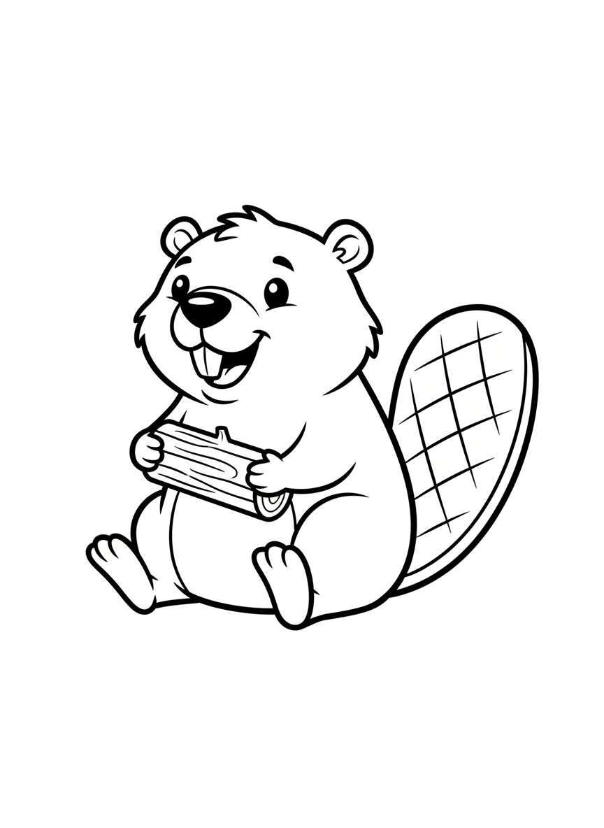 Cute Beaver with Log Coloring Page for Kids