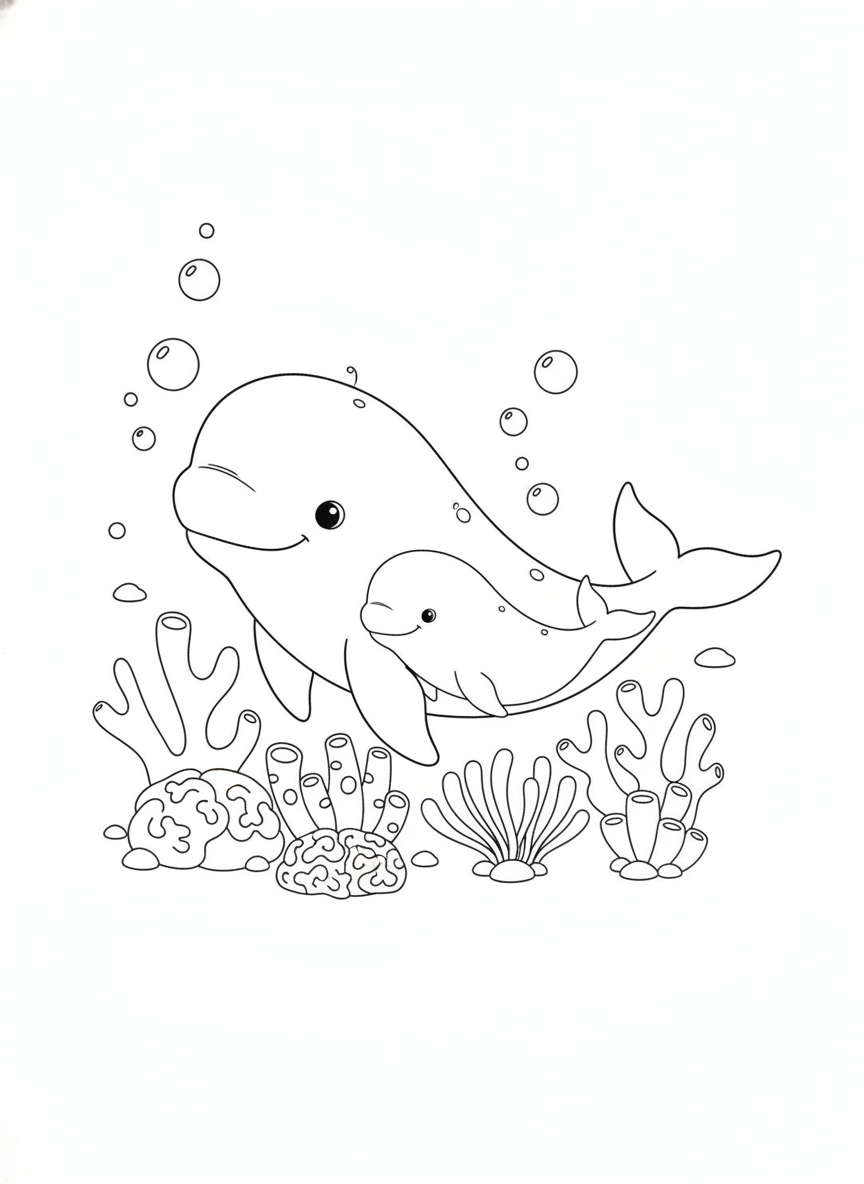 Cute Beluga Whale Family Coloring Page for Kids: Underwater Playtime